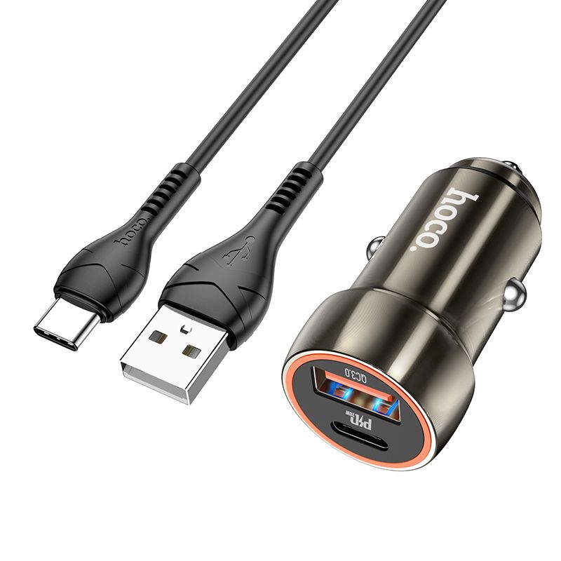 Carregador de isqueiro com cabo USB-C HOCO Z46A, 20W, 3A, 1 x USB-A - 1 x USB-C, cinzento