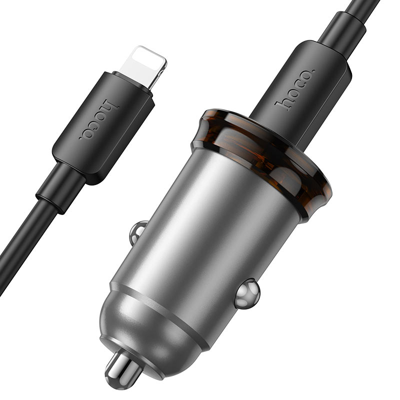 Carregador Automóvel Com Cabo Lightning HOCO NZ16B, 45W, 3A, 2 x USB-C, Cinzento