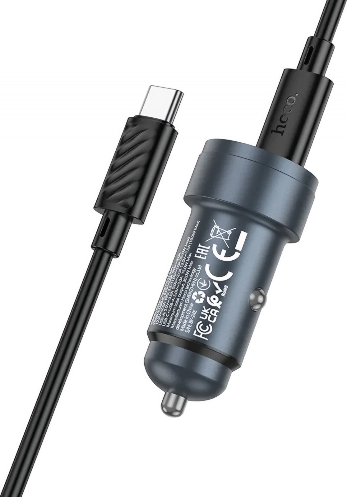 Carregador Automóvel com Cabo USB-C HOCO Z57A, 30W, 3A, 1 x USB-A - 1 x USB-C, Cinzento