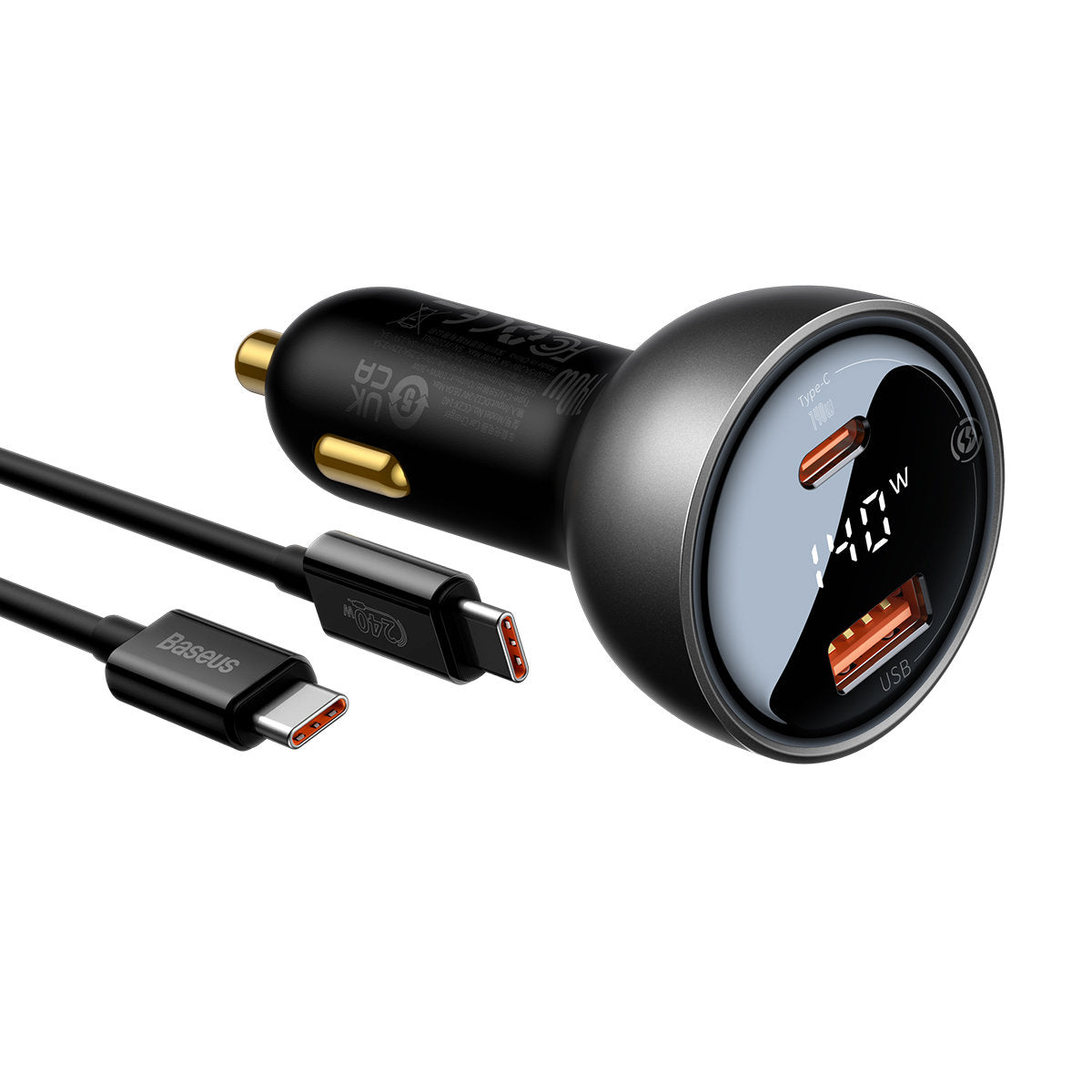Carregador Auto com Cabo USB-C Baseus, 140W, 5A, 1 x USB-A - 1 x USB-C, Preto, Reembalado CGZX070001