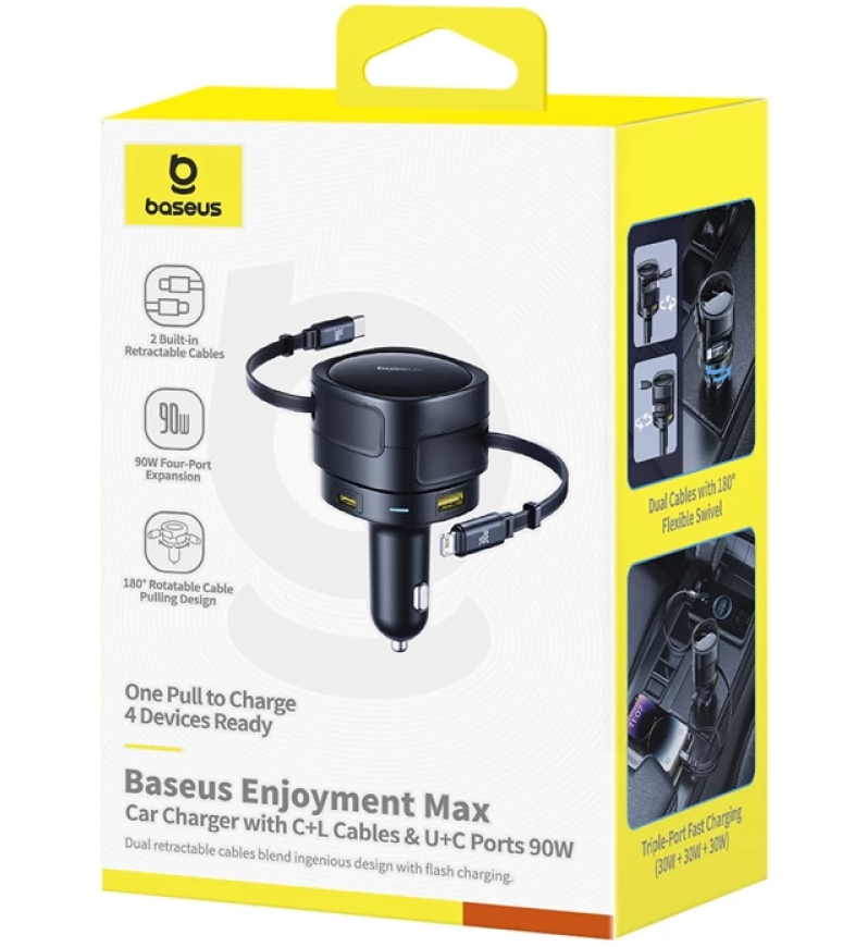 Carregador de Isqueiro com Cabo USB-C / Lightning Baseus Enjoyment Max, 90 W, 1 x USB-A - 1 x USB-C, Preto C00035507121-02