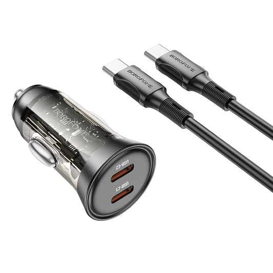 Carregador de isqueiro com cabo USB-C Borofone BZ26B Discovery, 45W, 3A, 2 x USB-C, preto 