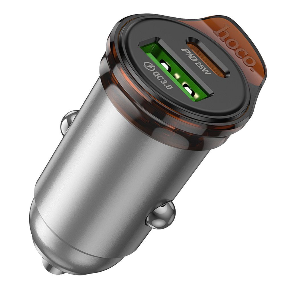 Carregador Automóvel com Cabo USB-C HOCO NZ16A, 43W, 3A, 1 x USB-A - 1 x USB-C, Cinzento