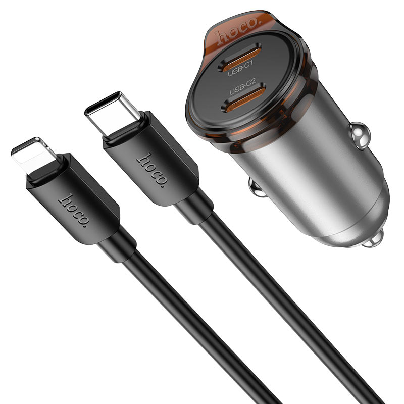 Carregador Automóvel Com Cabo Lightning HOCO NZ16B, 45W, 3A, 2 x USB-C, Cinzento