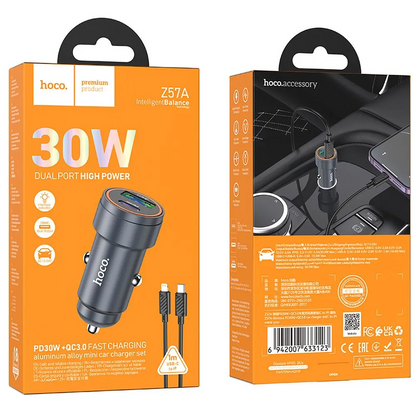 Carregador Automóvel Com Cabo Lightning HOCO Z57A, 30W, 3A, 1 x USB-A - 1 x USB-C, Cinzento