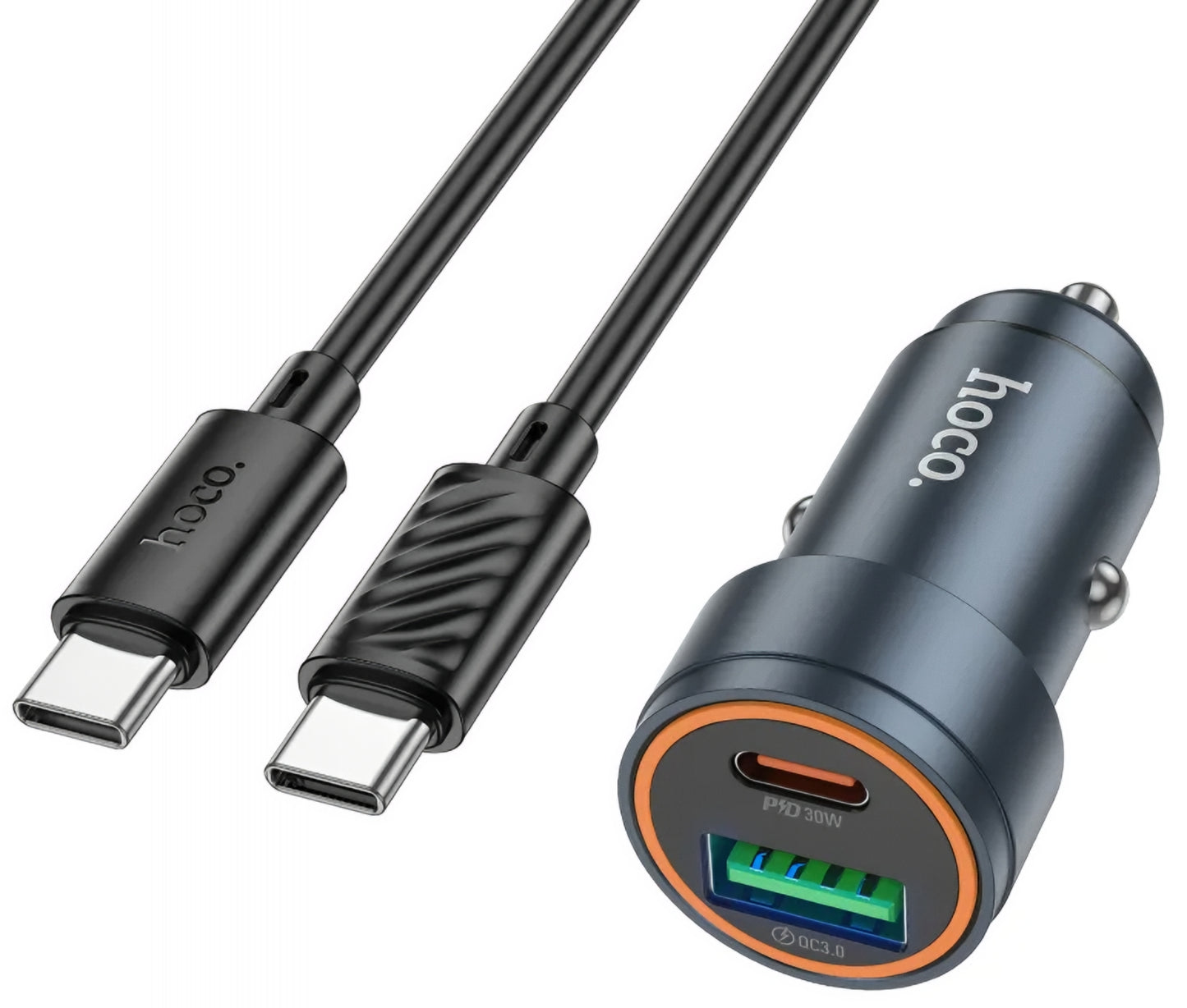 Carregador Automóvel com Cabo USB-C HOCO Z57A, 30W, 3A, 1 x USB-A - 1 x USB-C, Cinzento