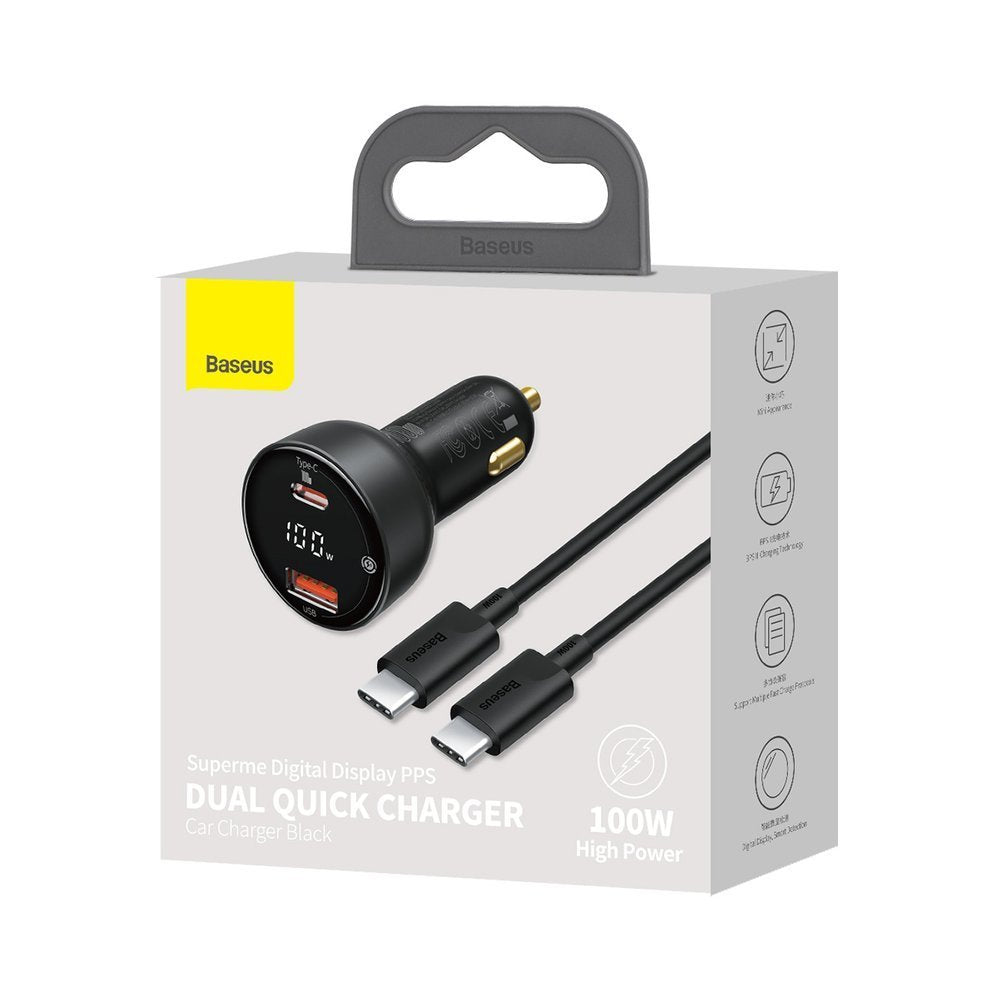 Carregador Automóvel com Cabo USB-C Baseus Superme, 100W, 5A, 1 x USB-A - 1 x USB-C, Preto TZCCZX-01