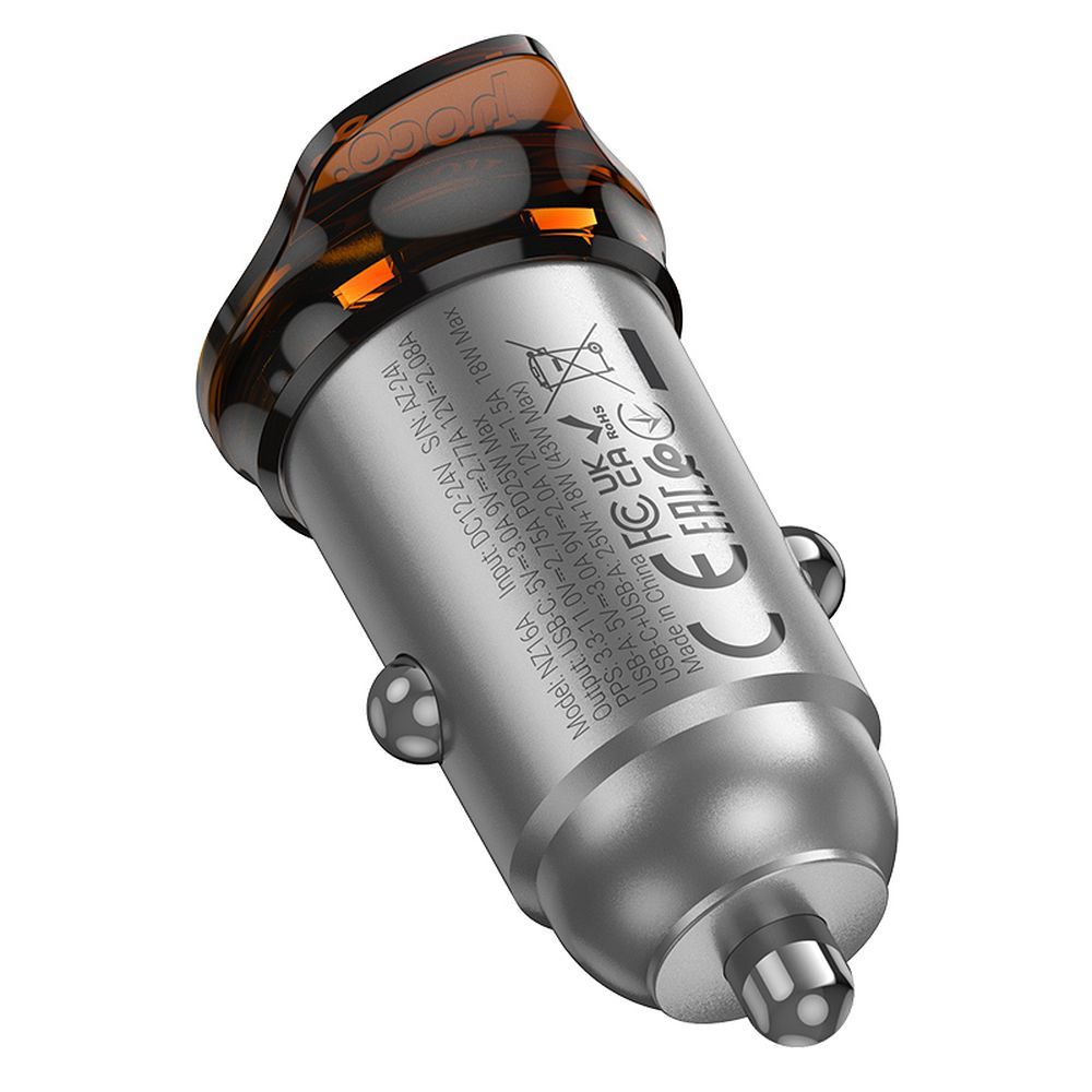 Carregador Automóvel Com Cabo Lightning HOCO NZ16A, 43W, 3A, 1 x USB-A - 1 x USB-C, Cinzento