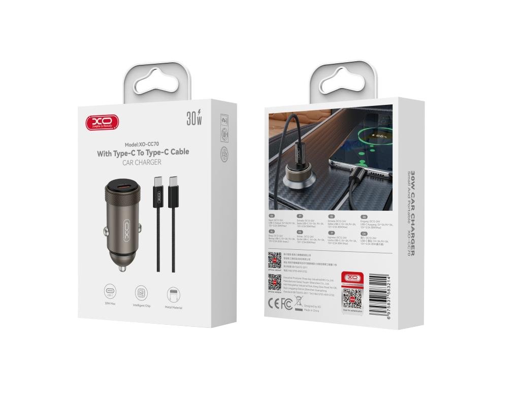 Carregador Automóvel Com Cabo USB-C XO Design CC70, 30W, 3A, 1 x USB-C, Preto