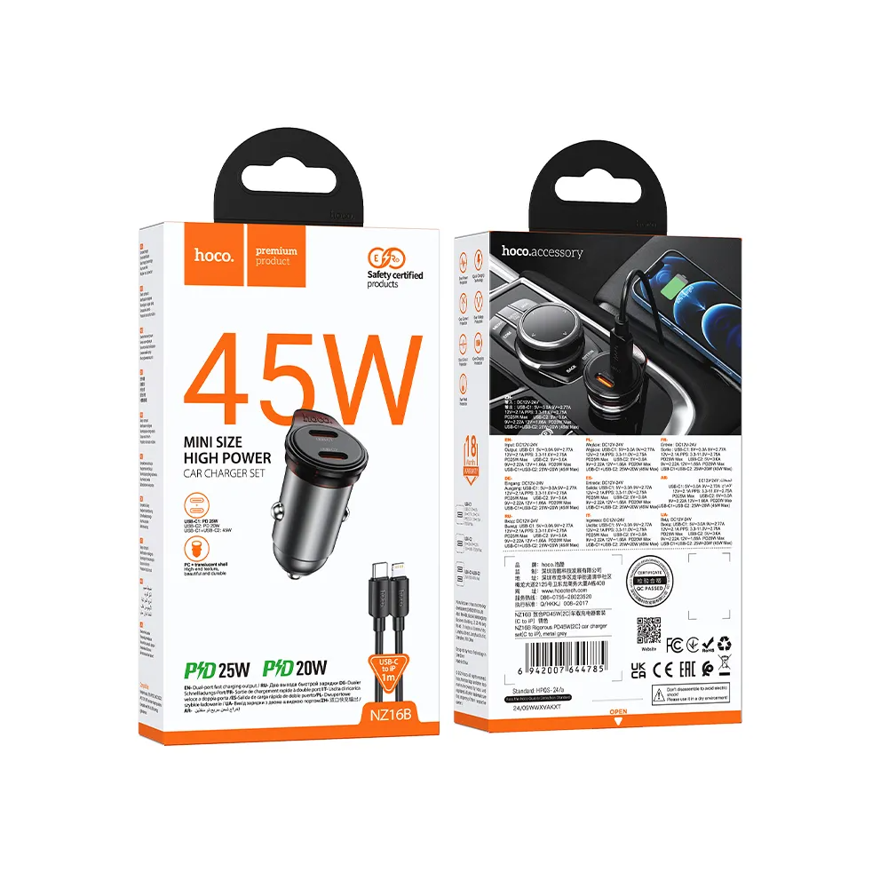 Carregador Automóvel Com Cabo Lightning HOCO NZ16B, 45W, 3A, 2 x USB-C, Cinzento