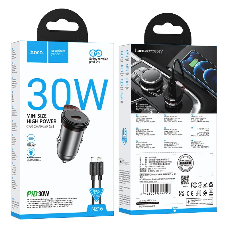 Carregador Automóvel Com Cabo Lightning HOCO NZ16, 30W, 3A, 1 x USB-C, Cinzento