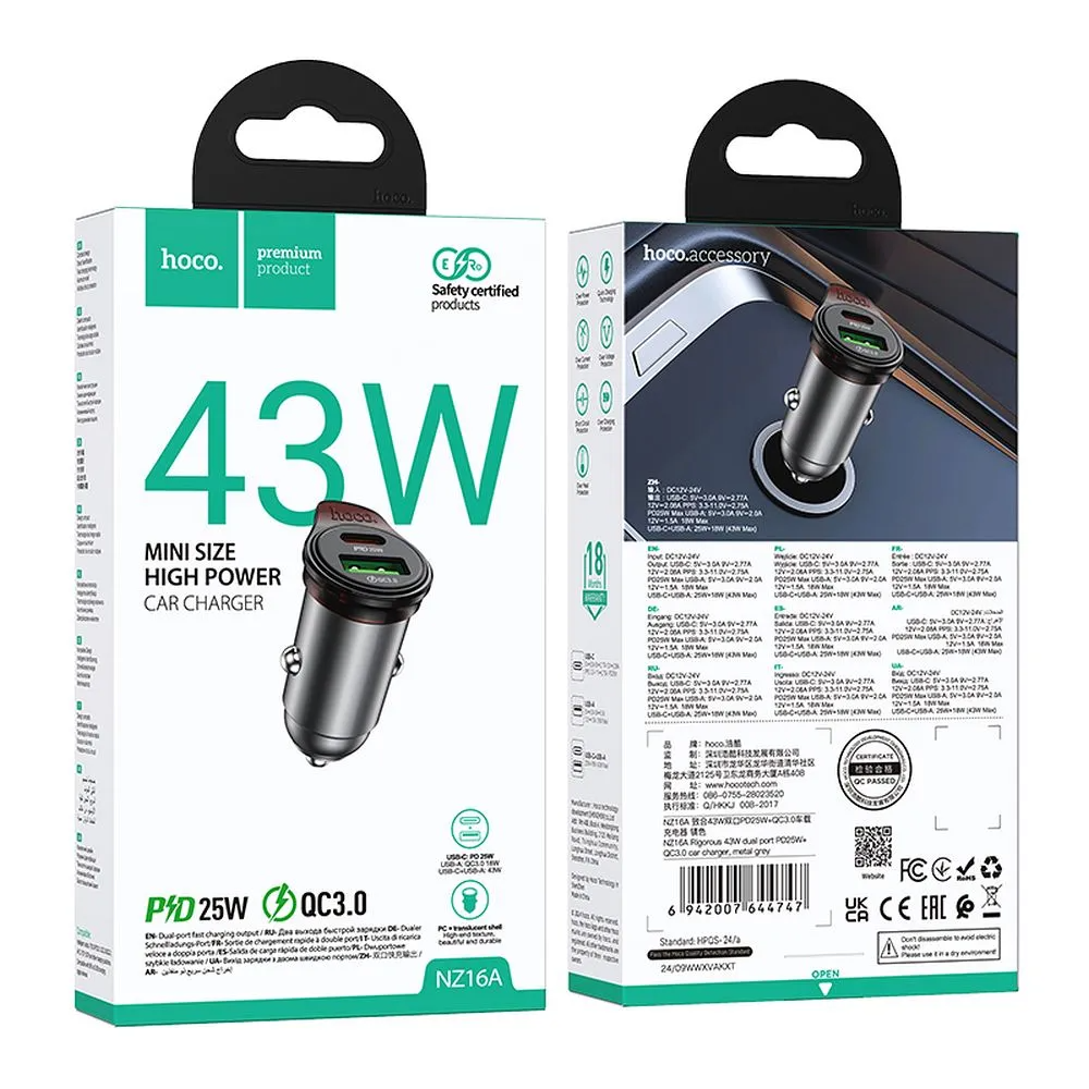 Carregador Automóvel com Cabo USB-C HOCO NZ16A, 43W, 3A, 1 x USB-A - 1 x USB-C, Cinzento