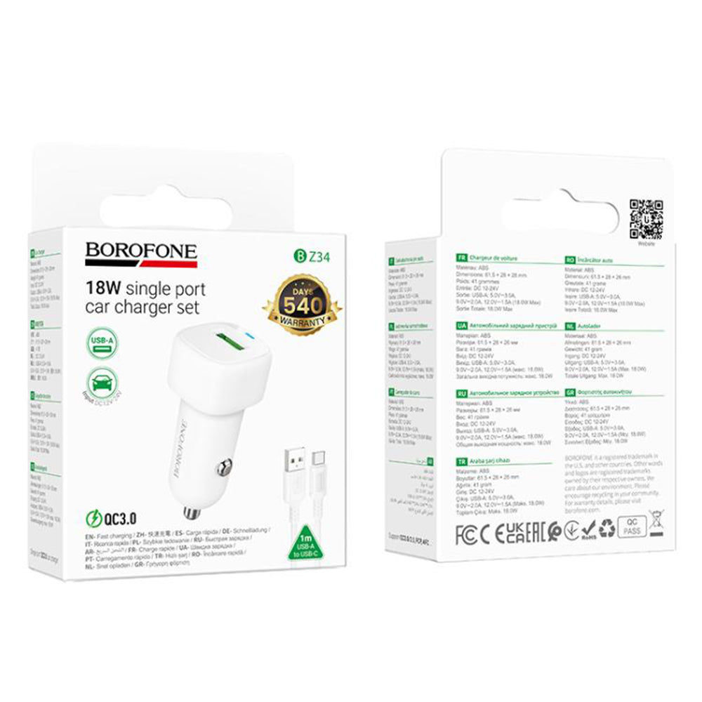 Carregador Auto com Cabo USB-C Borofone BZ34 Cloud, 18W, 3A, 1 x USB-A, Branco