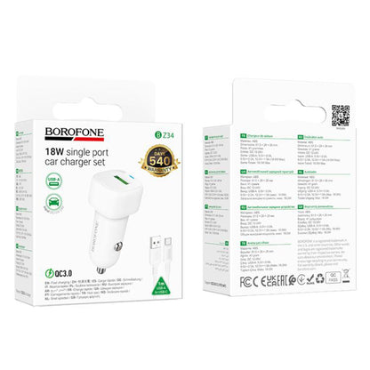 Carregador Auto com Cabo USB-C Borofone BZ34 Cloud, 18W, 3A, 1 x USB-A, Branco