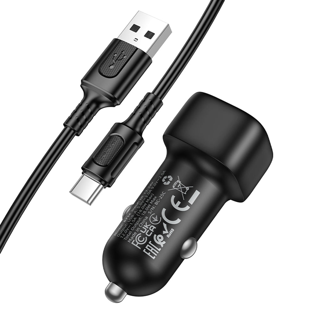 Carregador Auto com Cabo USB-C Borofone BZ34 Cloud, 18W, 3A, 1 x USB-A, Preto