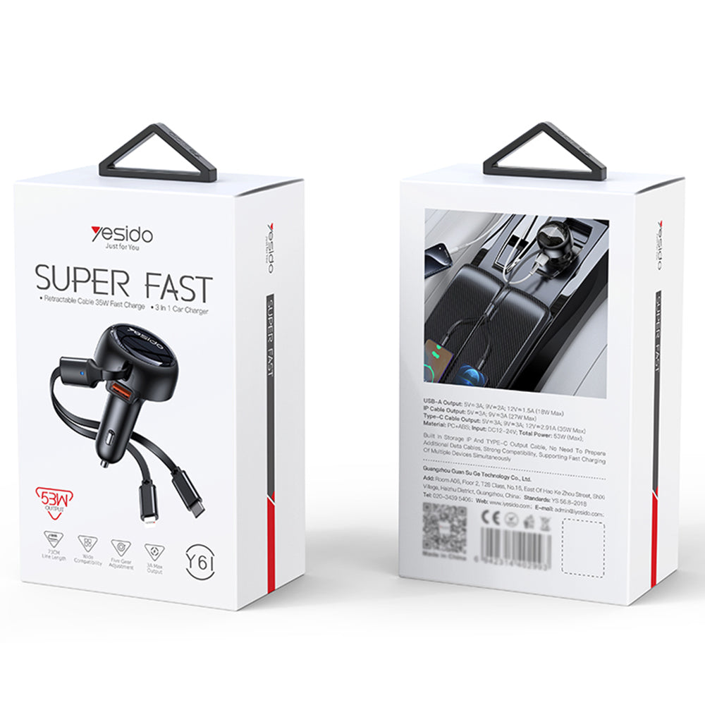 Carregador Automóvel com Cabo USB-C / Lightning Yesido Y61, 53W, 3A, 1 x USB-A, Preto
