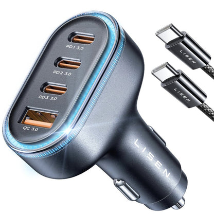 Carregador Auto com Cabo USB-C Lisen, 101W, 3.25A, 1 x USB-A - 3 x USB-C, Preto YL0223120021