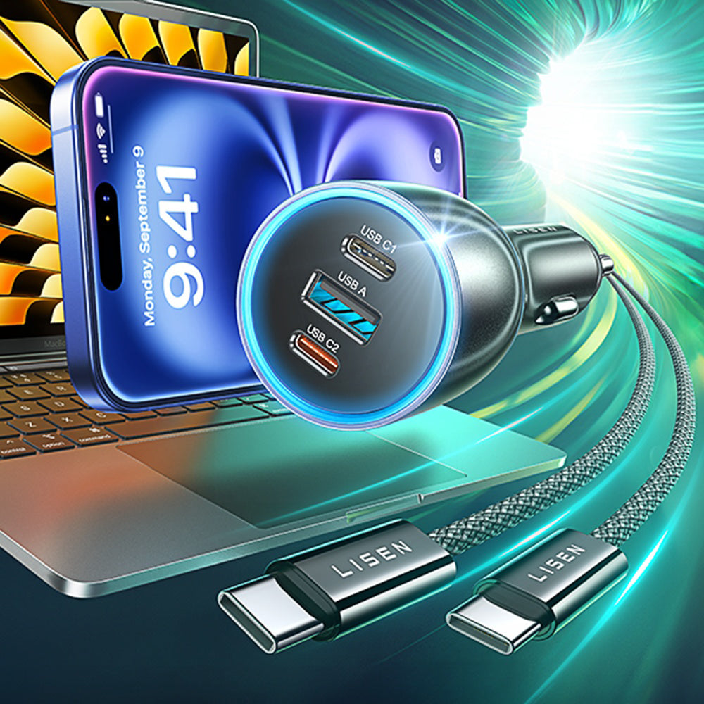 Carregador de Carro com Cabo USB-C Lisen, 170W, 5A, 1 x USB-A - 2 x USB-C, Preto YL0225060006