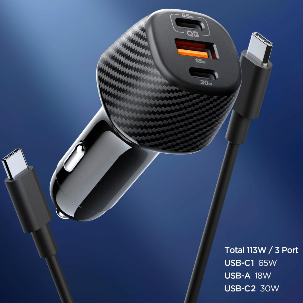 Carregador Automóvel com Cabo USB-C Spigen EV1133, 113W, 3.25A, 1 x USB-A - 2 x USB-C, Preto