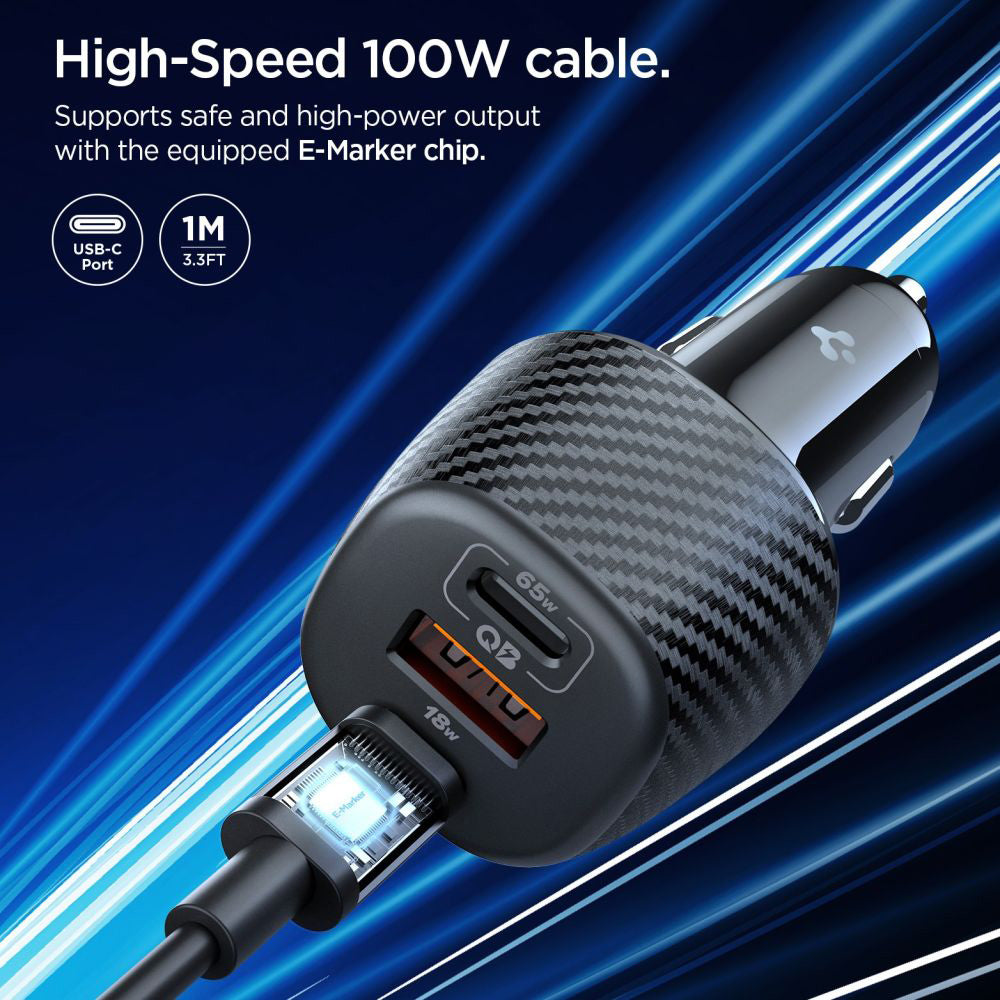 Carregador Automóvel com Cabo USB-C Spigen EV1133, 113W, 3.25A, 1 x USB-A - 2 x USB-C, Preto