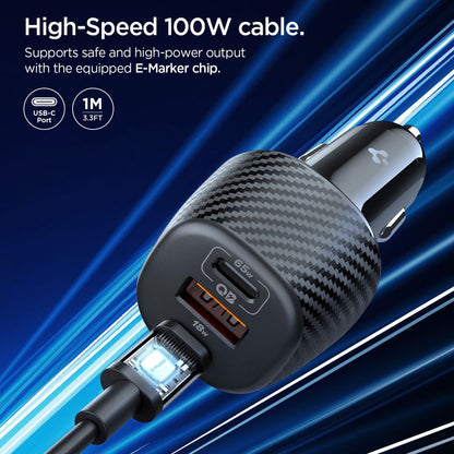 Carregador Automóvel com Cabo USB-C Spigen EV1133, 113W, 3.25A, 1 x USB-A - 2 x USB-C, Preto