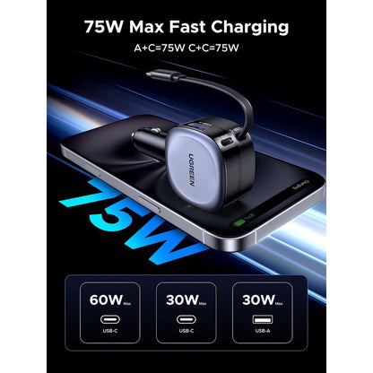 Carregador Automóvel Com Cabo USB-C UGREEN EC601, 75W, 3A, 1 x USB-A - 1 x USB-C, Cinzento