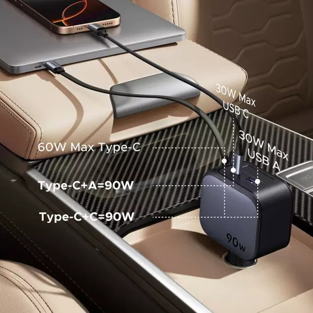 Carregador Automóvel Com Cabo USB-C UGREEN EC603, 90W, 3A, 1 x USB-A - 1 x USB-C, Cinzento