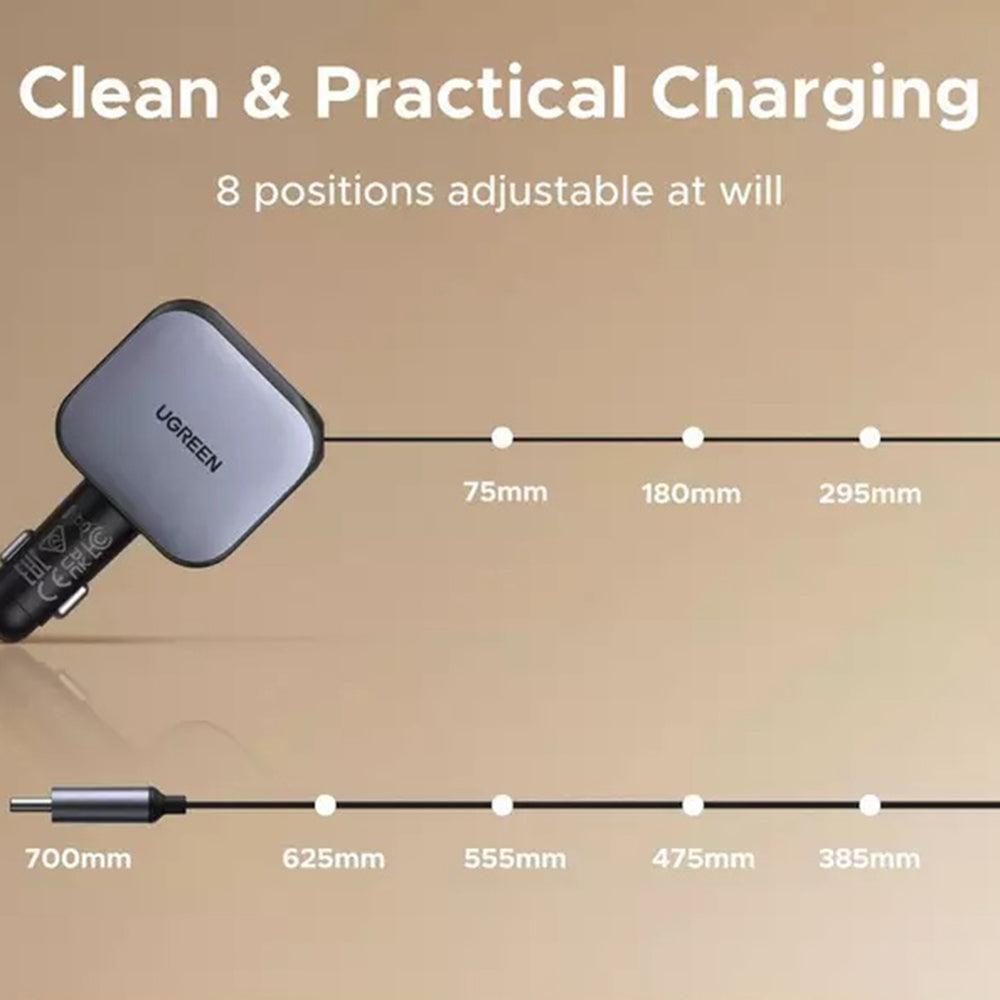 Carregador Automóvel Com Cabo USB-C UGREEN EC603, 90W, 3A, 1 x USB-A - 1 x USB-C, Cinzento