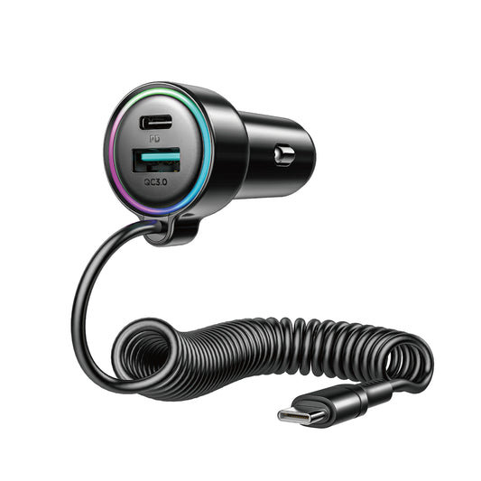 Carregador Automotivo com Cabo USB-C Joyroom JR-CL07, 90W, 3A, 1 x USB-A - 1 x USB-C, Preto