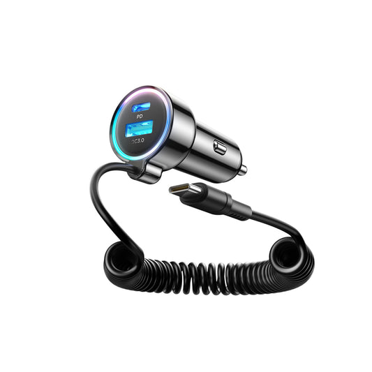 Carregador Automotivo com Cabo USB-C Joyroom JR-CL07, 90W, 3A, 1 x USB-A - 1 x USB-C, Preto