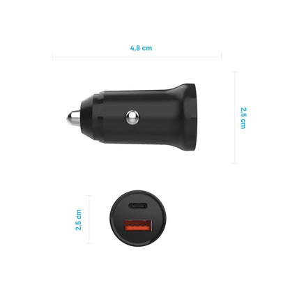 Carregador Auto Fixed, 20W, 3A, 1 x USB-A - 1 x USB-C, Preto