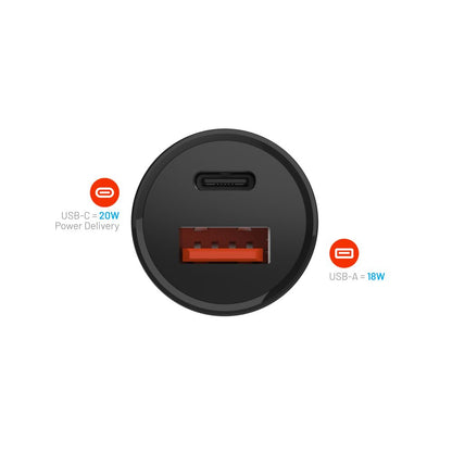 Carregador Auto Fixed, 20W, 3A, 1 x USB-A - 1 x USB-C, Preto