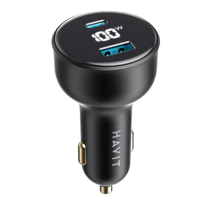 Carregador Auto HAVIT CC100W Display, 100W, 5A, 1 x USB-A - 1 x USB-C, Preto