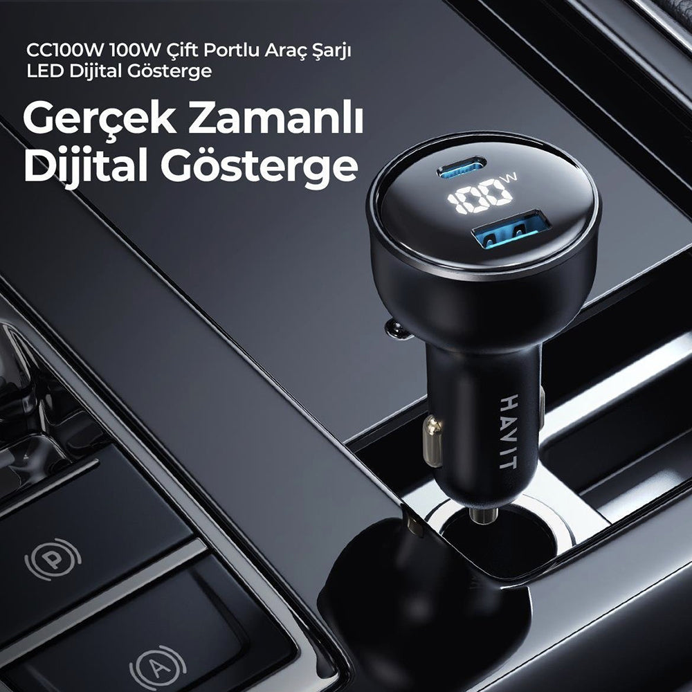 Carregador Auto HAVIT CC100W Display, 100W, 5A, 1 x USB-A - 1 x USB-C, Preto