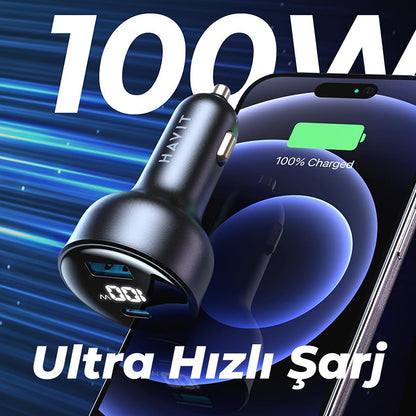 Incarcator Auto HAVIT CC100W Display, 100W, 5A, 1 x USB-A - 1 x USB-C, Negru