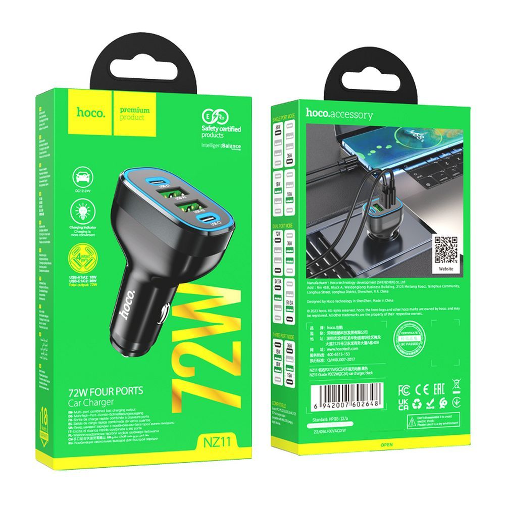 Carregador de isqueiro HOCO Guide NZ11, 72W, 3A, 2 x USB-A - 2 x USB-C, preto 