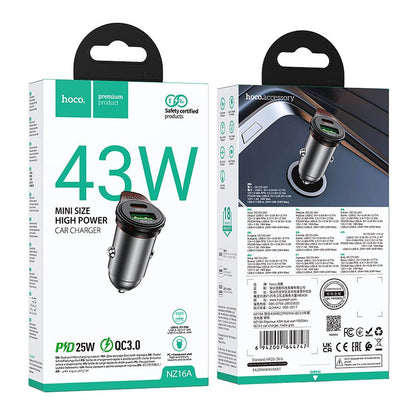 Carregador Auto HOCO NZ16A, 43W, 3A, 1 x USB-A - 1 x USB-C, Cinzento