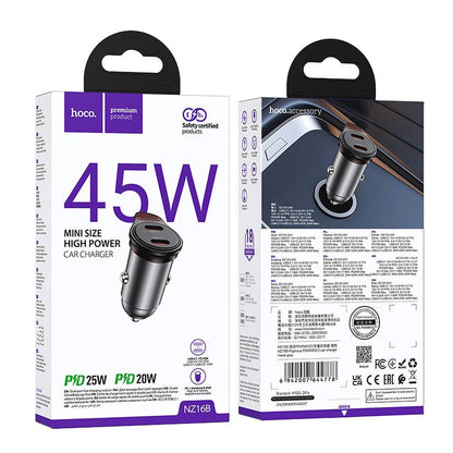 Carregador Auto HOCO NZ16B, 45W, 3A, 2 x USB-C, Cinzento
