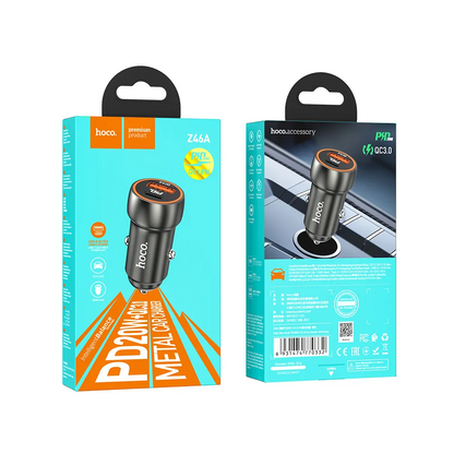 Carregador de isqueiro HOCO Z46A, 20W, 3A, 1 x USB-A - 1 x USB-C, cinzento 