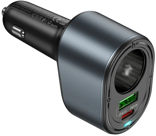 Carregador Auto HOCO Z56, 35W, 3A, 1 x USB-A - 1 x USB-C - 1 x Extensão Isqueiro, Preto