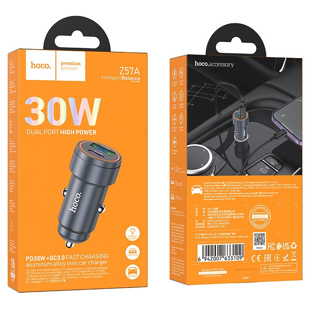 Carregador de Carro HOCO Z57A, 30W, 3A, 1 x USB-A - 1 x USB-C, Cinzento