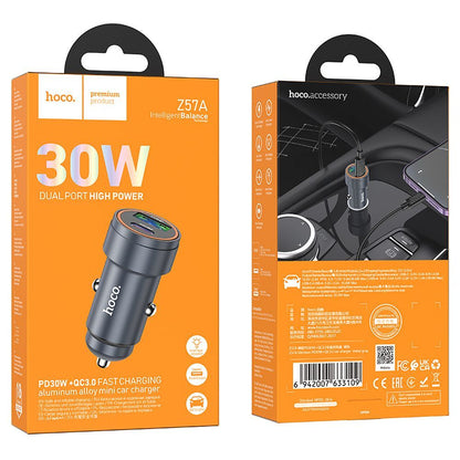 Carregador de Carro HOCO Z57A, 30W, 3A, 1 x USB-A - 1 x USB-C, Cinzento