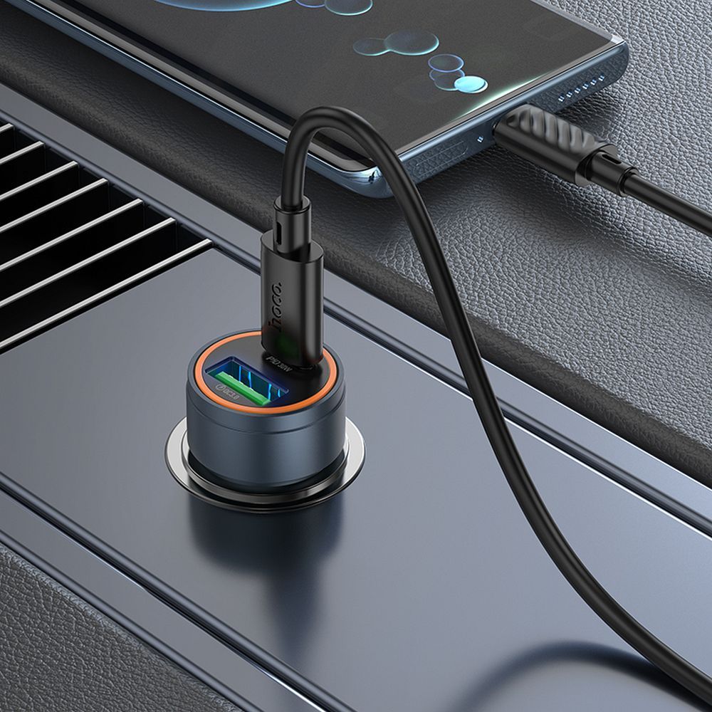 Carregador de Carro HOCO Z57A, 30W, 3A, 1 x USB-A - 1 x USB-C, Cinzento