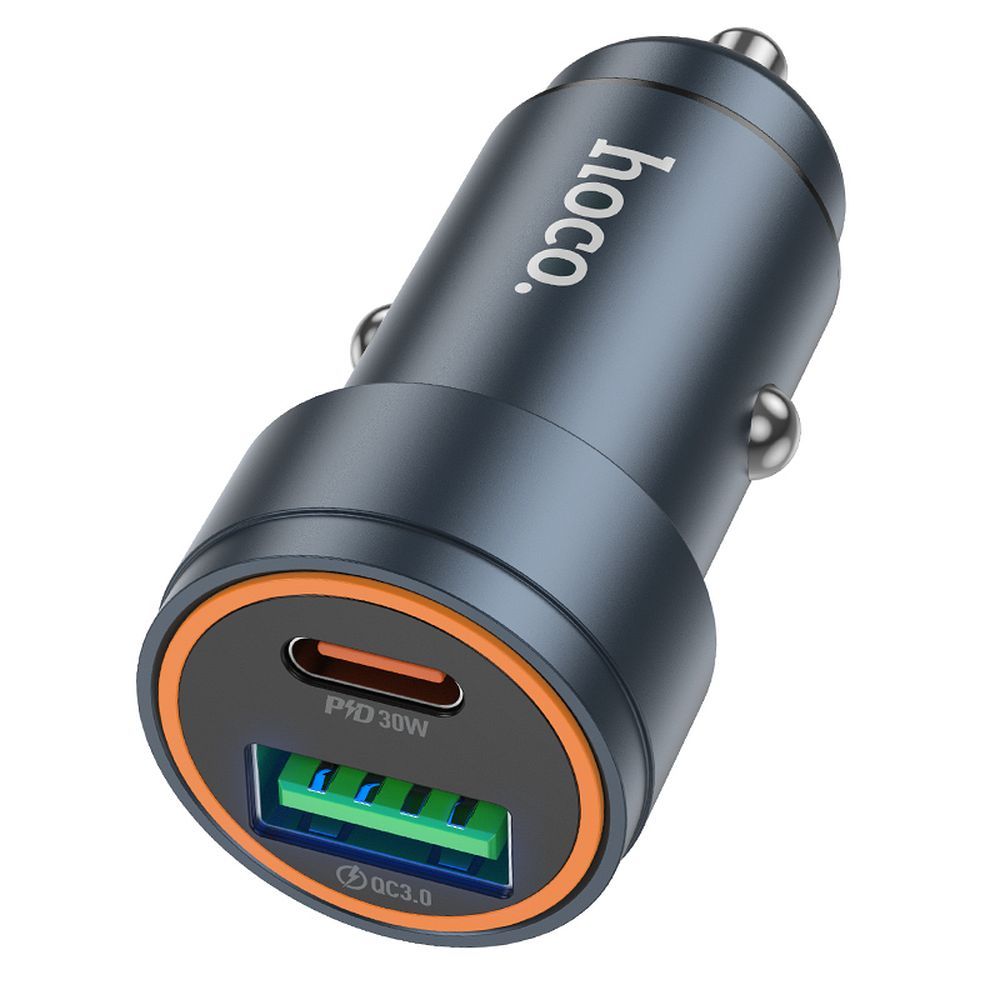 Carregador de Carro HOCO Z57A, 30W, 3A, 1 x USB-A - 1 x USB-C, Cinzento