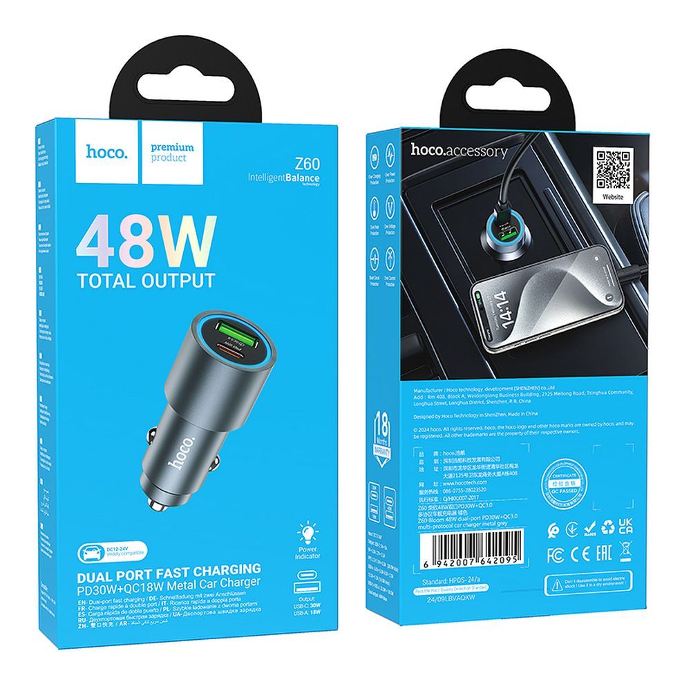 Carregador Auto HOCO Z60, 48W, 3A, 1 x USB-A - 1 x USB-C, Preto