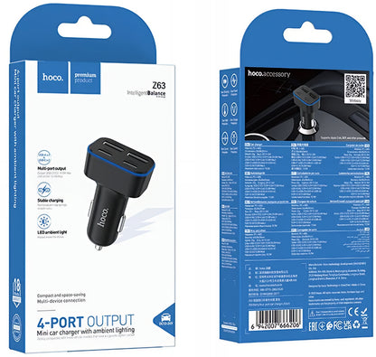 HOCO Z63 Car Charger, 42W, 3A, 2 x USB-A - 2 x USB-C, Black