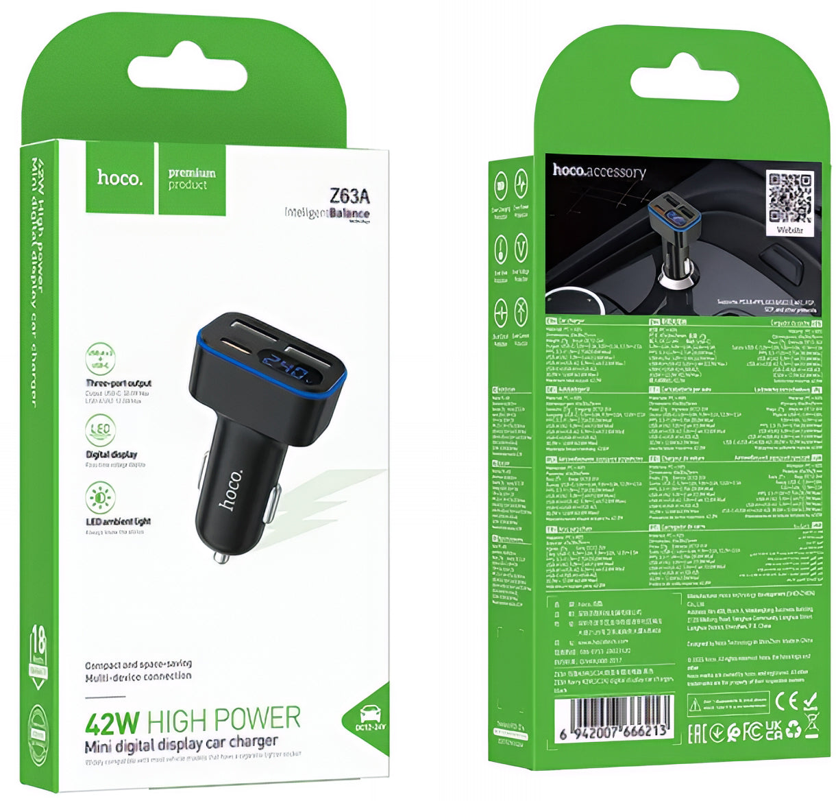 Carregador Auto HOCO Z63A Display, 42W, 3A, 1 x USB-C - 2 x USB-A, Preto