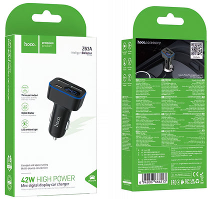 Carregador Auto HOCO Z63A Display, 42W, 3A, 1 x USB-C - 2 x USB-A, Preto