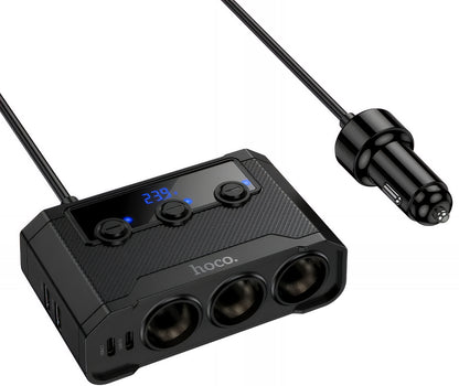 Carregador Auto HOCO Z64, 15.5W, 3.1A, 2 x USB-A - 2 x USB-C - 3 x Extensão Isqueiro, Preto