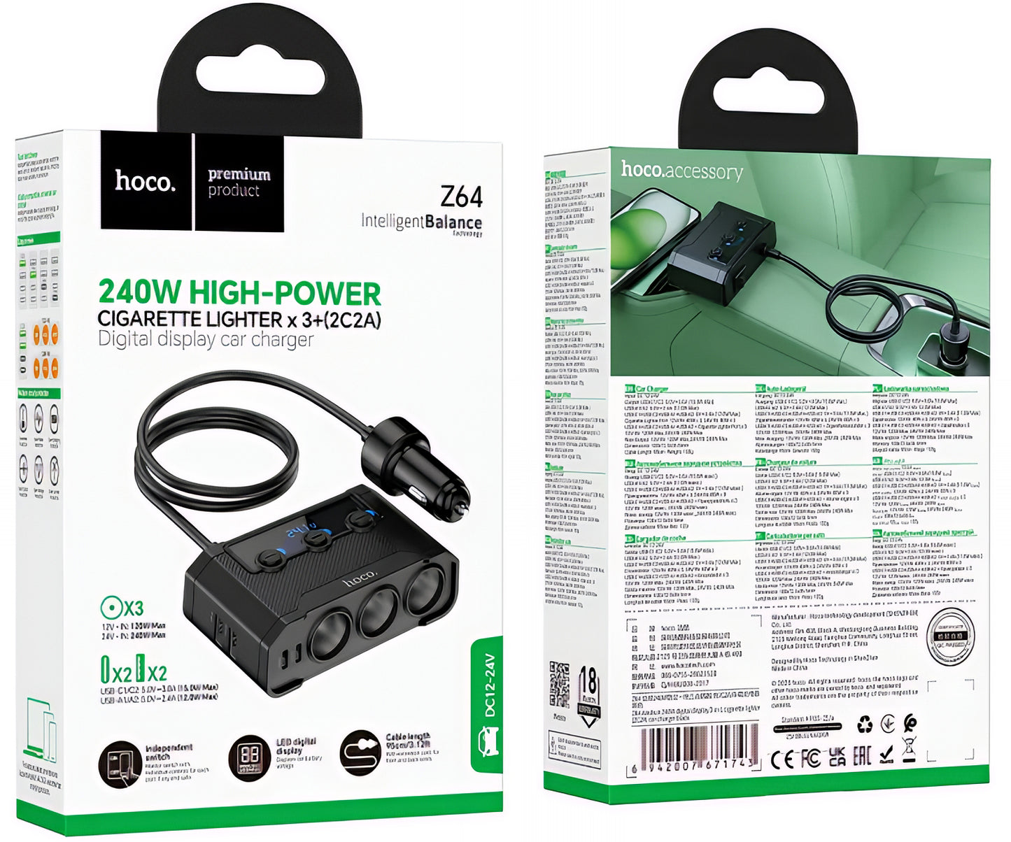 Carregador Auto HOCO Z64, 15.5W, 3.1A, 2 x USB-A - 2 x USB-C - 3 x Extensão Isqueiro, Preto